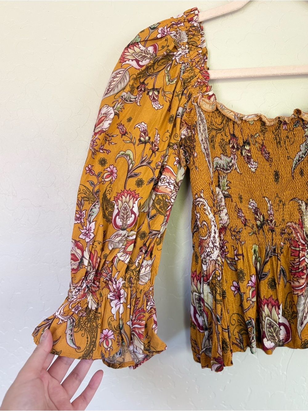 Anthropologie Conditions Apply Marigold Yellow Smocked Puff Sleeve Blouse Medium - Picture 4 of 7